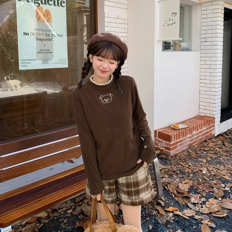 Sweet Girl Style Brown Bear Embroidered High Collar T-shirt