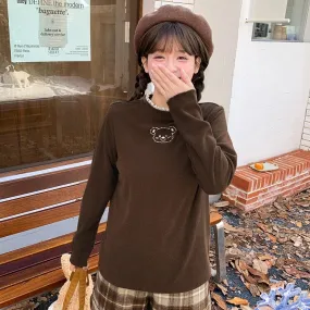 Sweet Girl Style Brown Bear Embroidered High Collar T-shirt