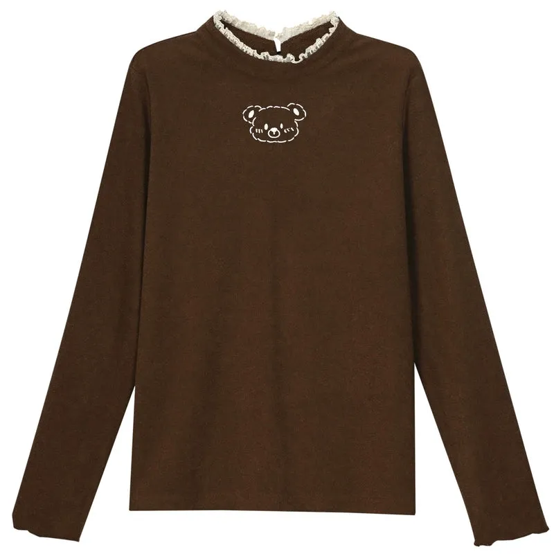 Sweet Girl Style Brown Bear Embroidered High Collar T-shirt