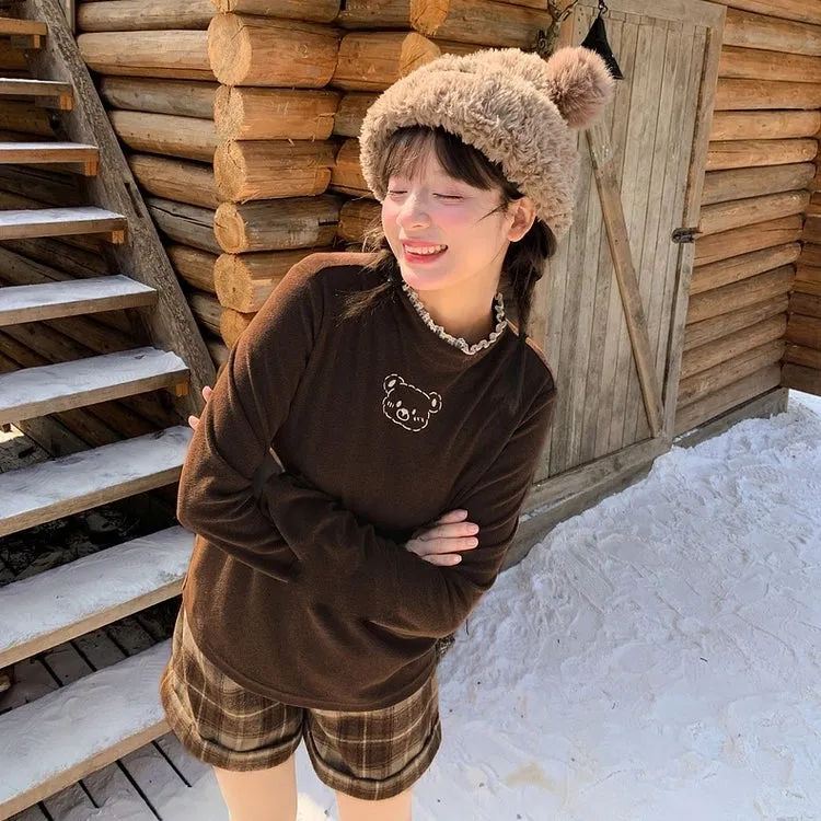 Sweet Girl Style Brown Bear Embroidered High Collar T-shirt