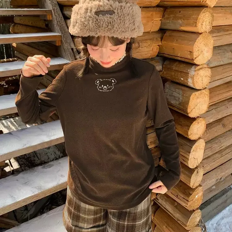 Sweet Girl Style Brown Bear Embroidered High Collar T-shirt