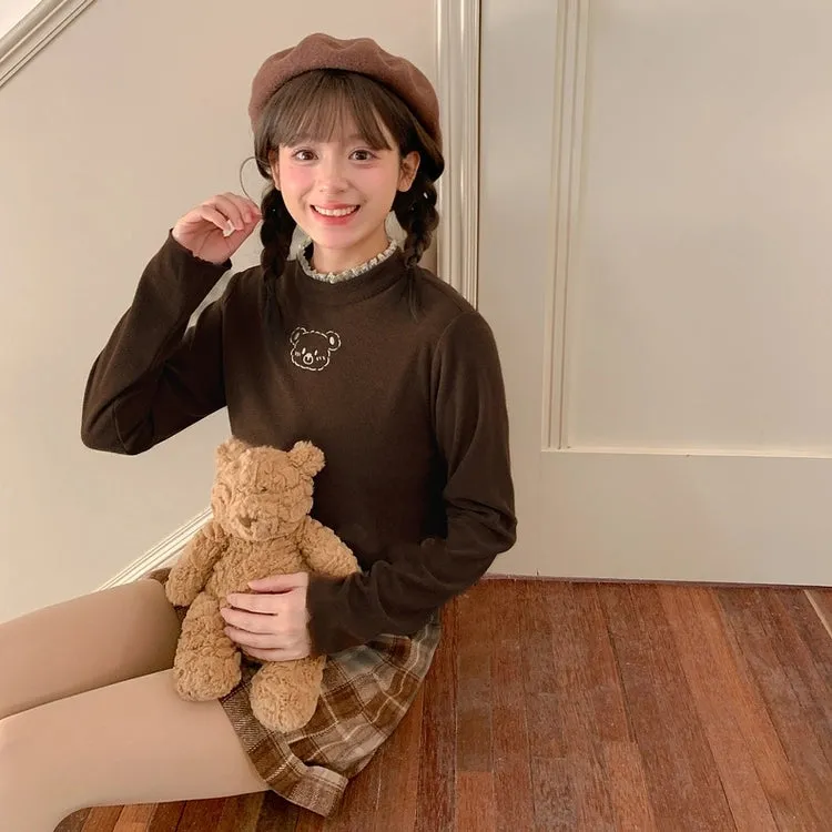 Sweet Girl Style Brown Bear Embroidered High Collar T-shirt