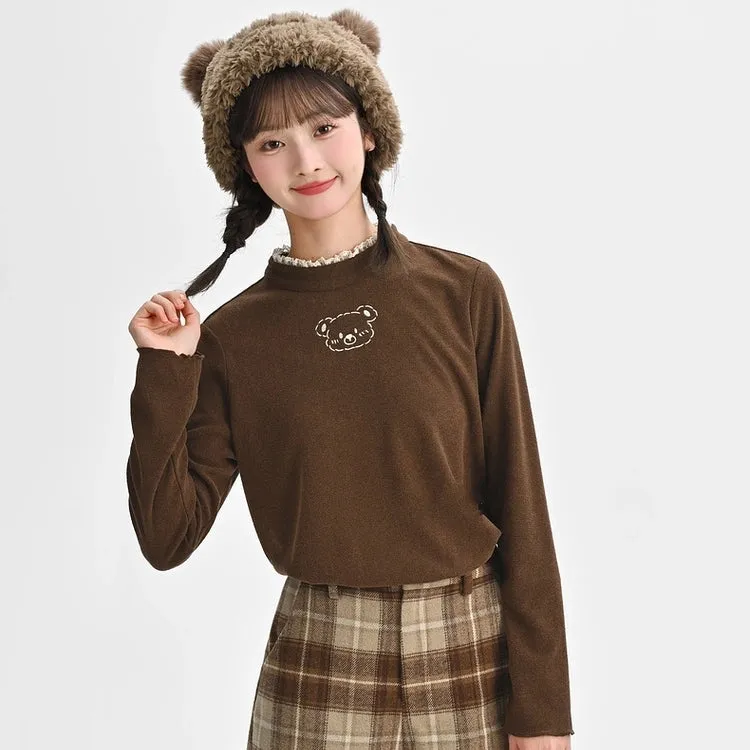 Sweet Girl Style Brown Bear Embroidered High Collar T-shirt