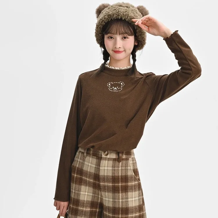 Sweet Girl Style Brown Bear Embroidered High Collar T-shirt