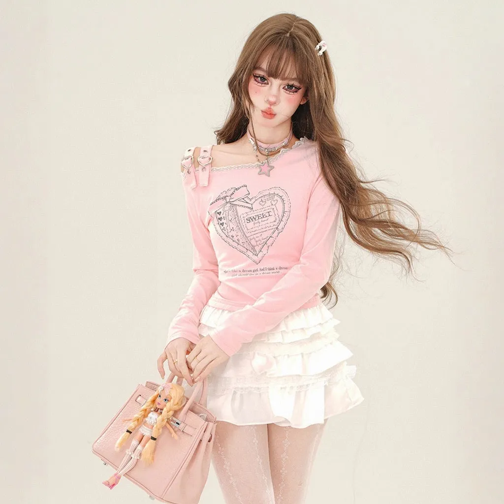 Sweet Girl Style Pink Heart Embroidered T-shirt