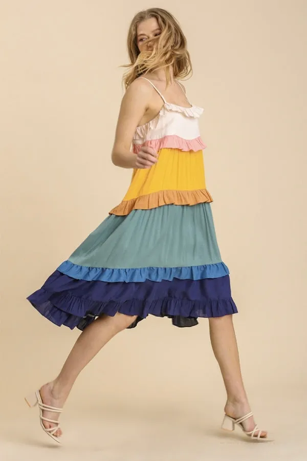 Umgee -Color Block Tiered Midi Dress, Golden Yellow Mix