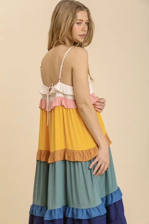 Umgee -Color Block Tiered Midi Dress, Golden Yellow Mix