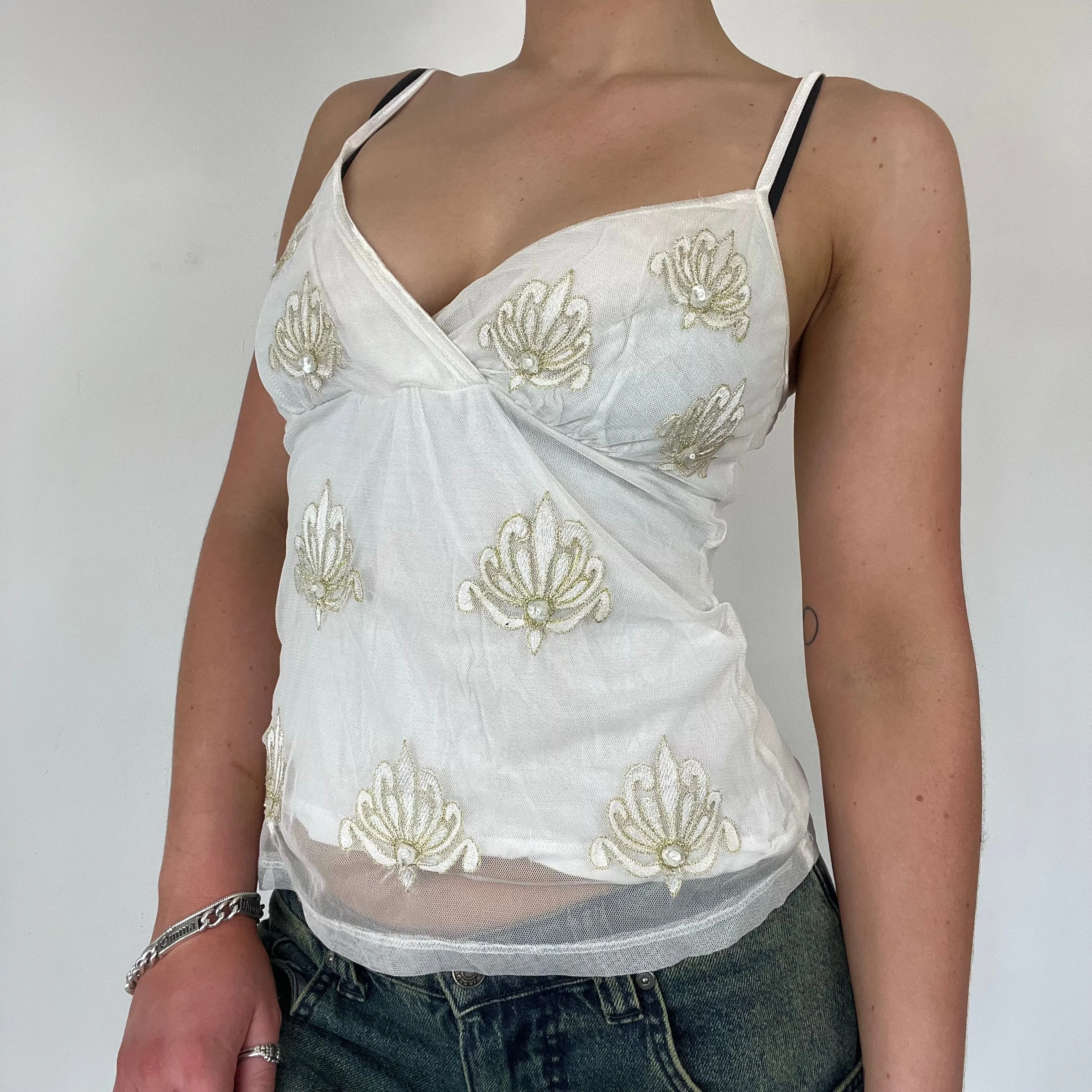 Y2K white cami embroidered top - Size S