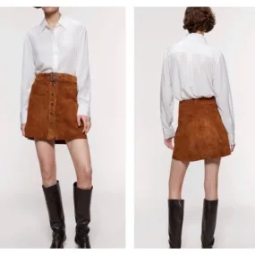 Zara Snap Front Suede Mini Skirt Size Large Brown New