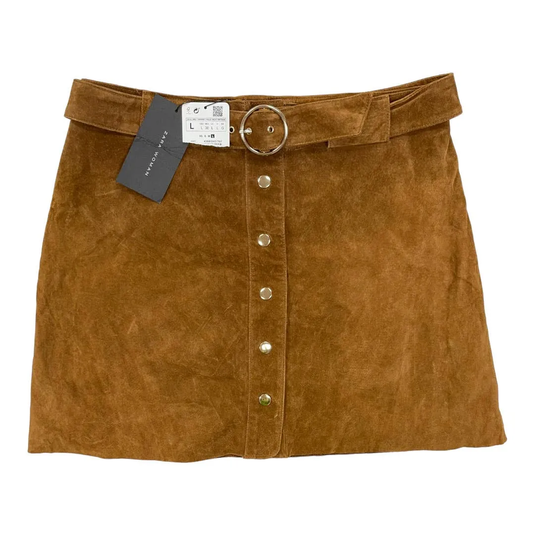 Zara Snap Front Suede Mini Skirt Size Large Brown New